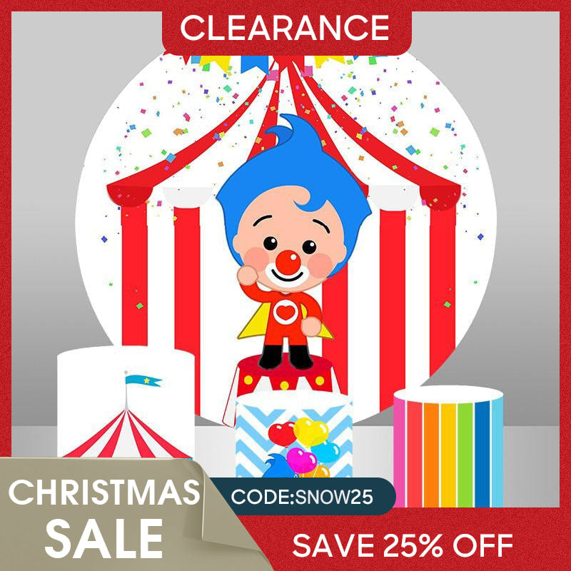 Aperturee - (Ship In 24HR) White And Red Circus Themed Circle Birthday Backdrop