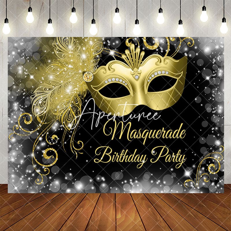 Aperturee - White Black Golden Masquerade Happy Birthday Backdrop