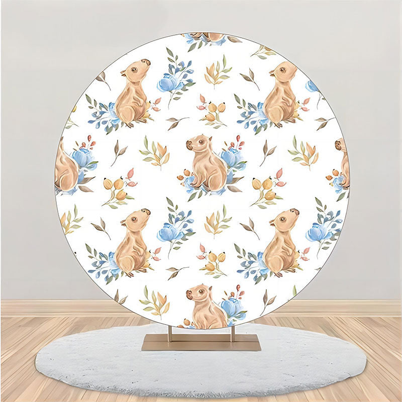 Aperturee - White Blue Floral Wombat Round Birthday Backdrop