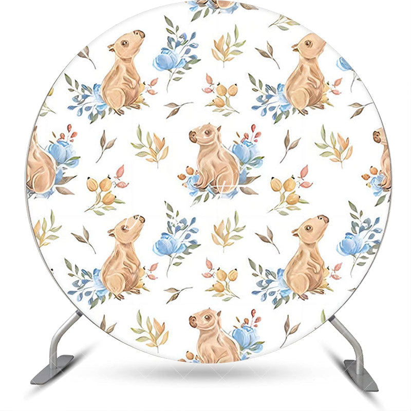 Aperturee - White Blue Floral Wombat Round Birthday Backdrop