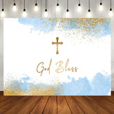 Aperturee - White Blue Gold Cross God Bless Baptism Backdrop