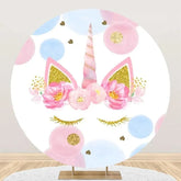 Aperturee - White Blue Pink Gold Unicorn Round Birthday Backdrop