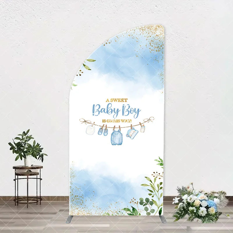 Aperturee - White Blue Spring Leaf Sweet Baby Boy Arch Backdrop