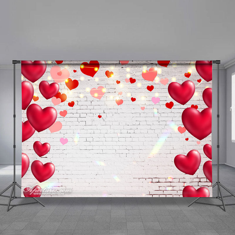Aperturee - White Brick Red Heart Happy Valentines Backdrop