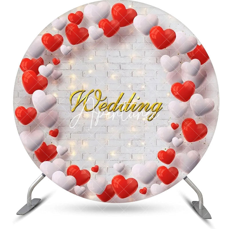 Aperturee - White Brick Wall Red Balloon Round Wedding Backdrop