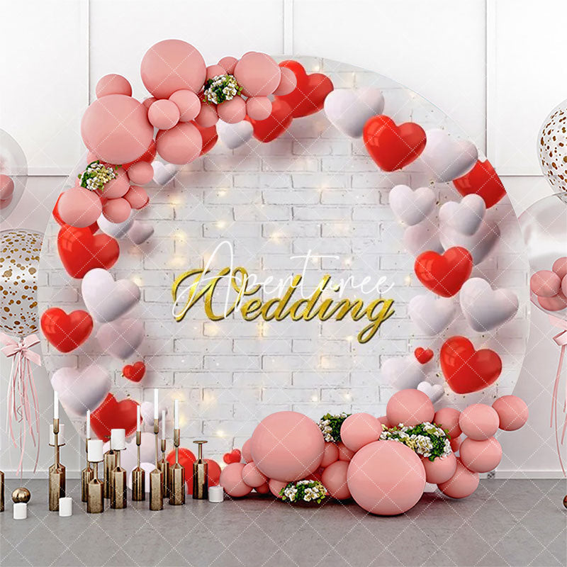 Aperturee - White Brick Wall Red Balloon Round Wedding Backdrop