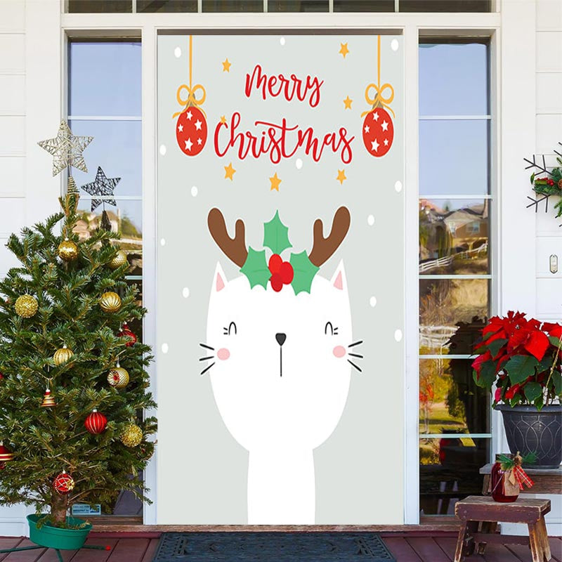 Aperturee - White Cute Cat Merry Simple Christmas Door Cover