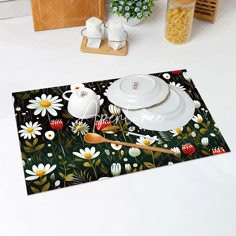 Aperturee - White Daisy Flower Green Leaf Set Of 4 Placemats