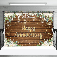 Aperturee - White Floral Brown Wood Bokeh Anniversary Backdrop