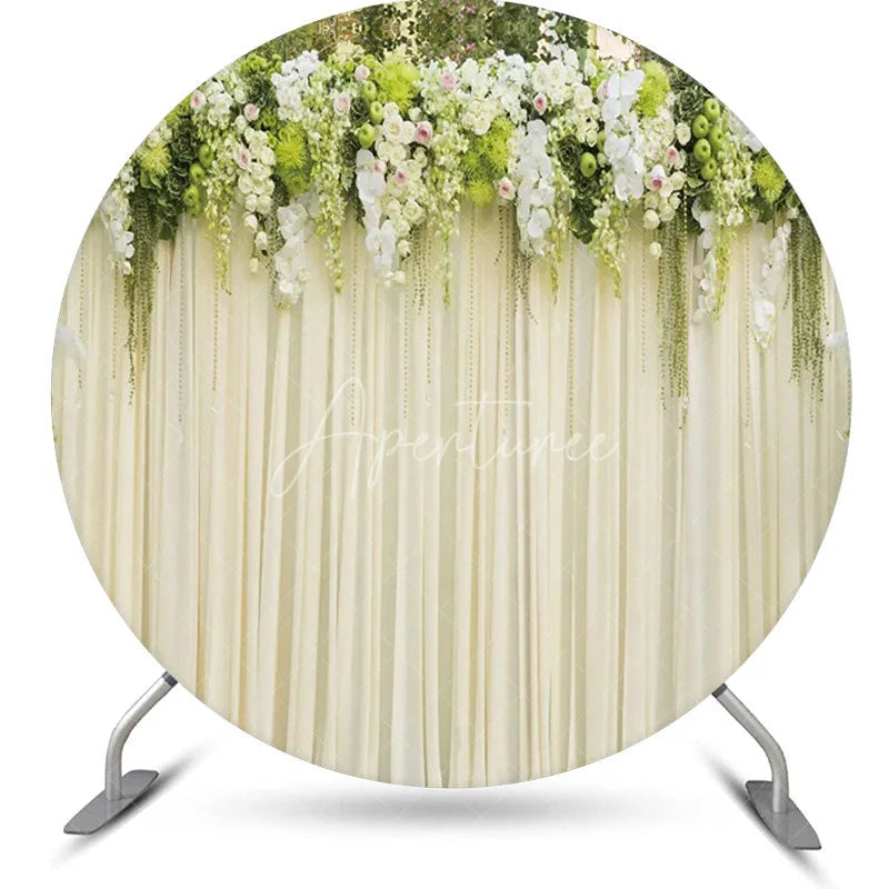 Aperturee - White Floral Leaves Curtain Round Wedding Backdrop