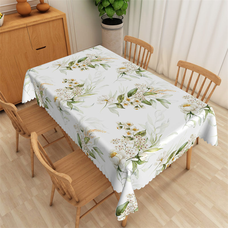 Aperturee - White Flower Green Leaf Spring Rectangle Tablecloth
