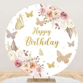 Aperturee - White Gold Floral Butterfly Round Birthday Backdrop