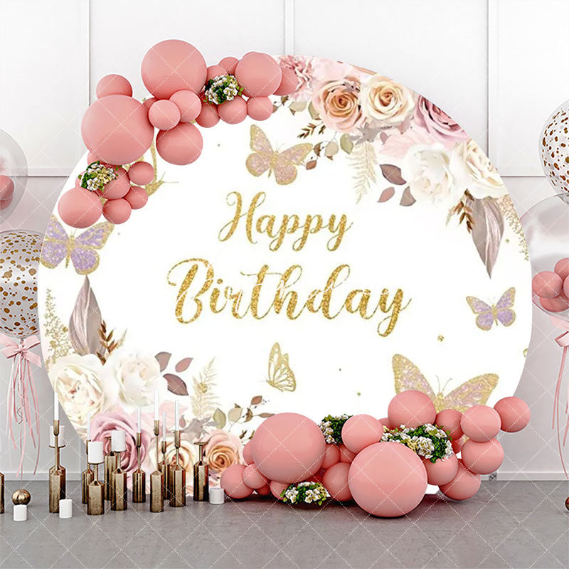 Aperturee - White Gold Floral Butterfly Round Birthday Backdrop