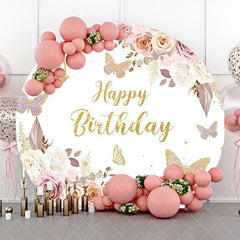 Aperturee - White Gold Floral Butterfly Round Birthday Backdrop