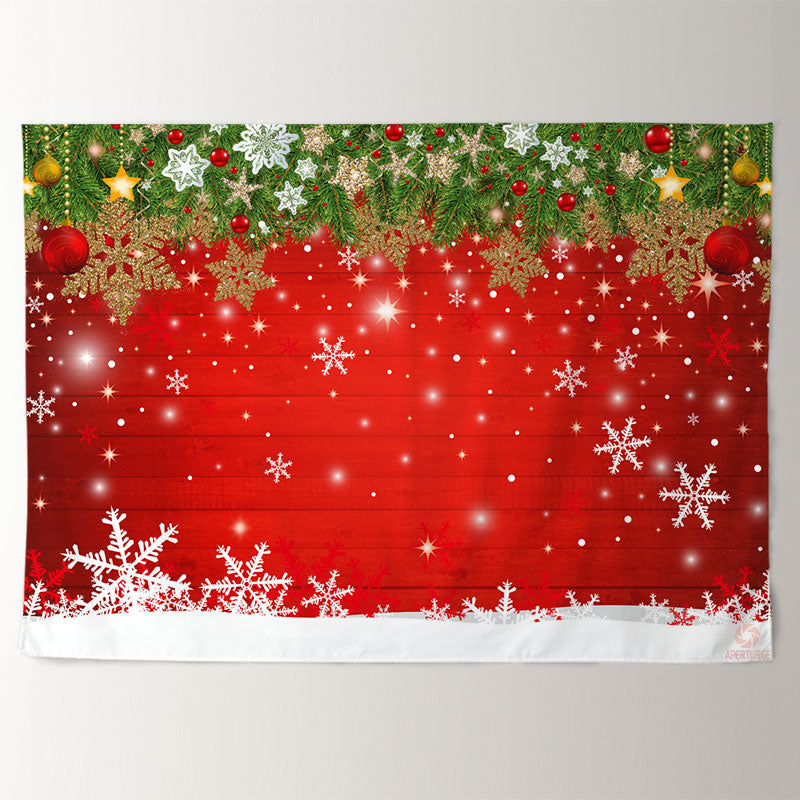 Aperturee - White Gold Snowflake Red Wood Christmas Backdrop