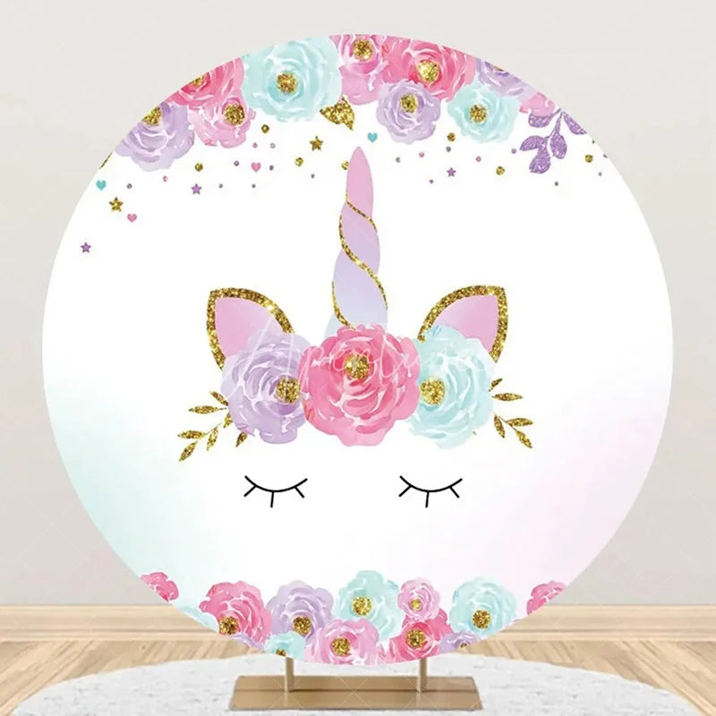 Aperturee - White Gold Unicorn Floral Round Birthday Backdrop