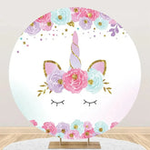 Aperturee - White Gold Unicorn Floral Round Birthday Backdrop