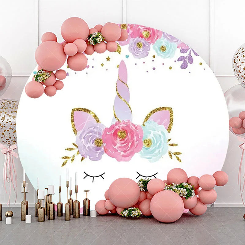 Aperturee - White Gold Unicorn Floral Round Birthday Backdrop
