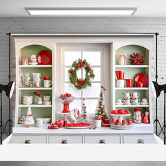 Aperturee - White Green Christmas Kitchen Photoshoot Backdrop