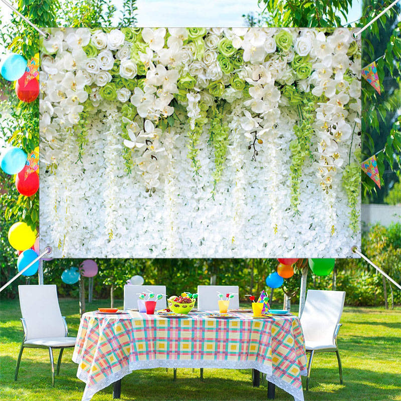 Aperturee - White Green Flowers Wall Romantic Wedding Backdrop