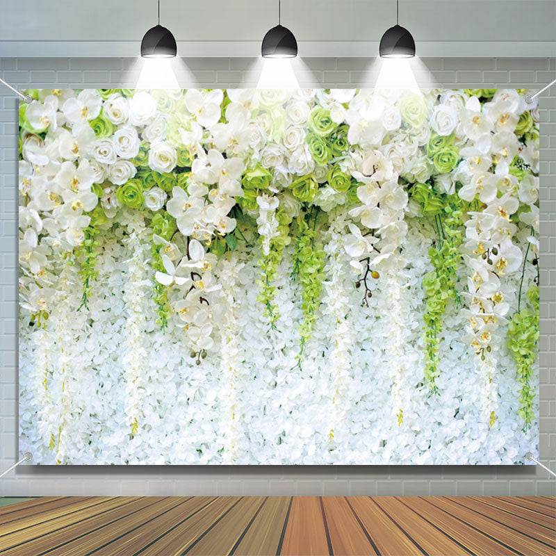 Aperturee - White Green Flowers Wall Romantic Wedding Backdrop