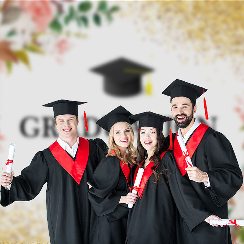 Aperturee - White Pink Floral Gold Glitter Grad Photography Backdrop