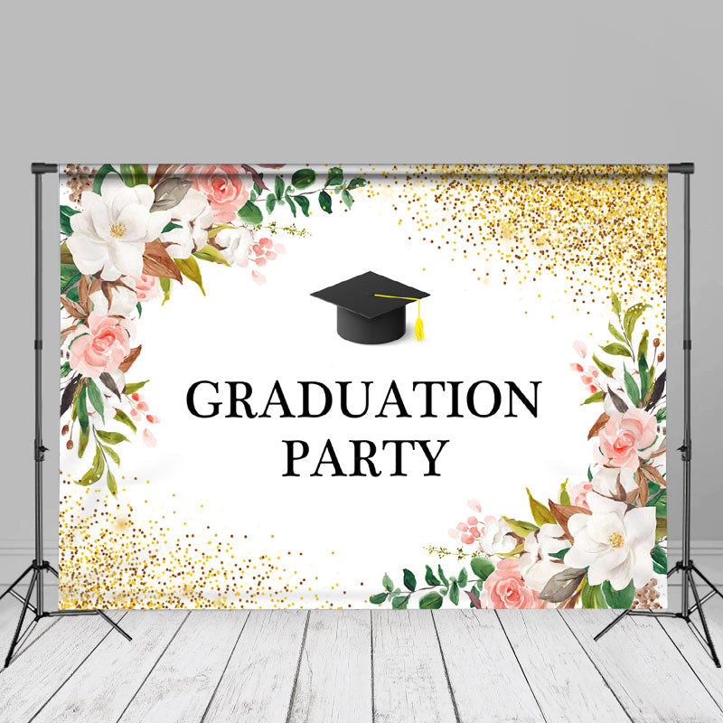 Aperturee - White Pink Floral Gold Glitter Grad Photography Backdrop