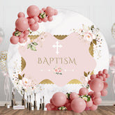 Aperturee - White Pink Floral Marbled Round Baptism Backdrop
