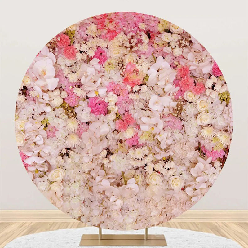 Aperturee - White Pink Floral Wall Colors Round Wedding Backdrop
