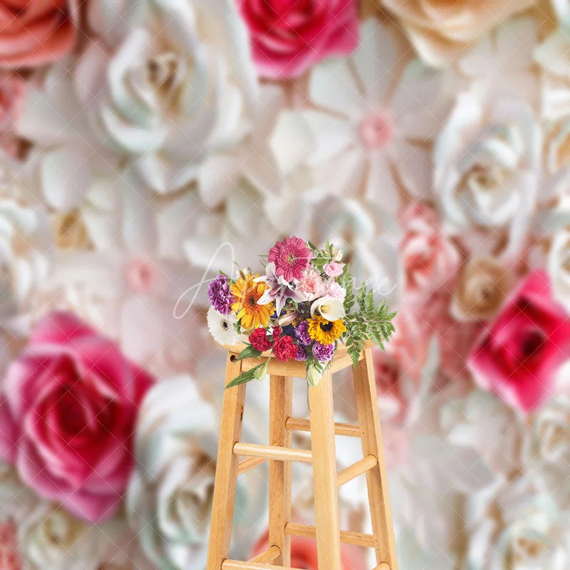 Aperturee - White Pink Paper Cut Beauty Rose Bush Photo Backdrop