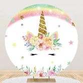 Aperturee - White Pink Unicorn Floral Round Birthday Backdrop