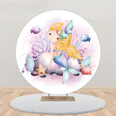 Aperturee - White Purple Coral Mermaid Round Birthday Backdrop