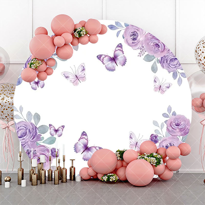 Aperturee - White Purple Rose Butterfly Round Birthday Backdrop