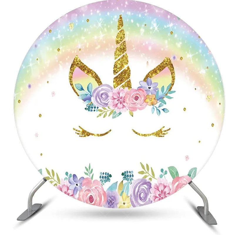 Aperturee - White Rainbow Unicorn Floral Round Birthday Backdrop