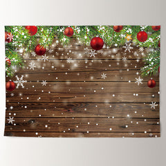 Aperturee - White Snow Red Bauble Pine Wood Christmas Backdrop