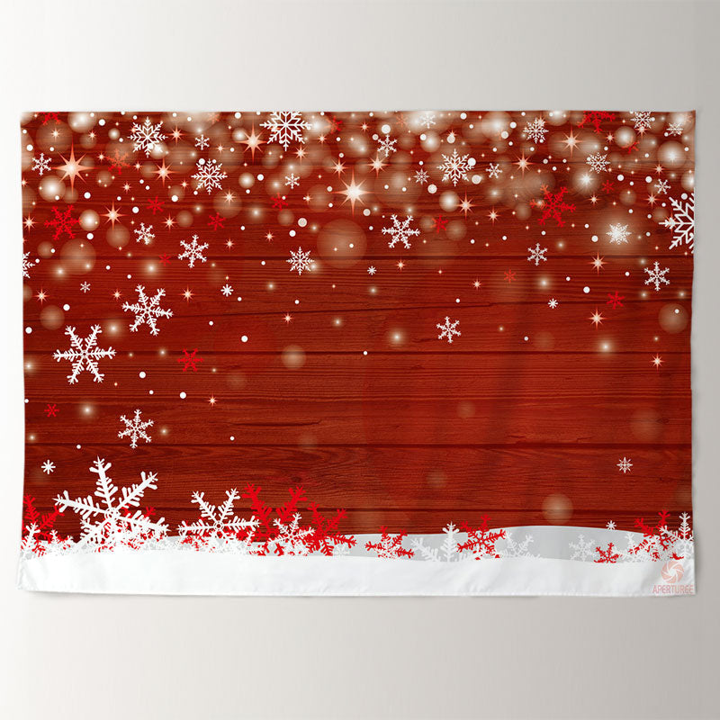 Aperturee - White Snowflake Bokeh Red Wood Christmas Backdrop