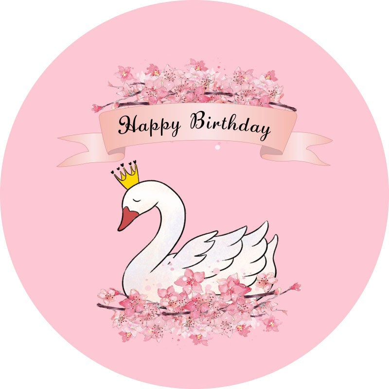 Aperturee - White Swan And Pink Floral Round Happy Birthday Backdrop