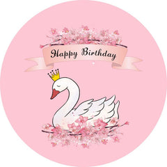 Aperturee - White Swan And Pink Floral Round Happy Birthday Backdrop
