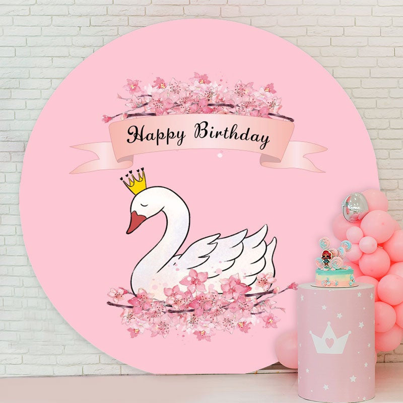 Aperturee - White Swan And Pink Floral Round Happy Birthday Backdrop