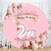 Aperturee - White Swan And Pink Floral Round Happy Birthday Backdrop
