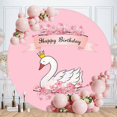 Aperturee - White Swan And Pink Floral Round Happy Birthday Backdrop