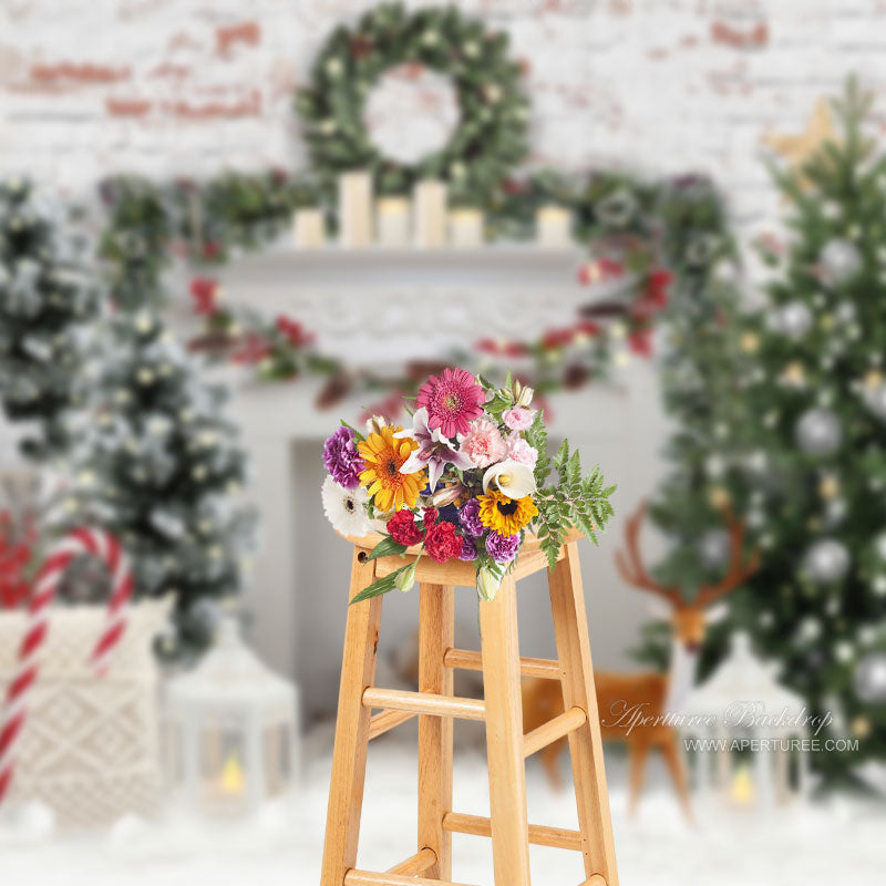 Aperturee - White Wall Brick Deer Pine Tree Christmas Backdrop