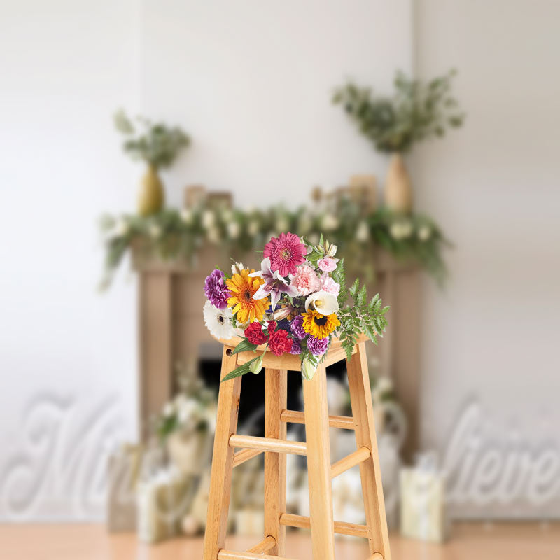 Aperturee - White Wall Brown Fireplace Gifts Floor Backdrop