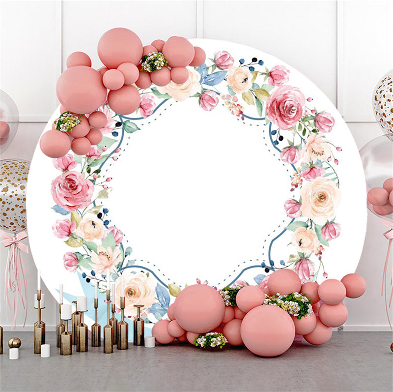 Aperturee - White Wall Pink Floral Round Backdrop For Birthday
