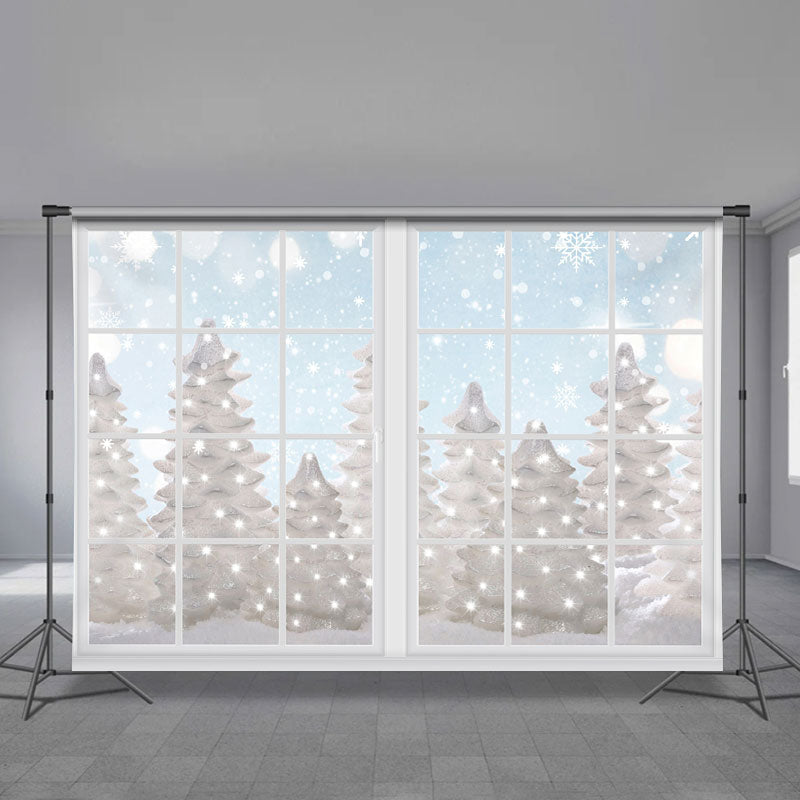 Aperturee - White Window And Snowy Tree Winter Scene Backdrop