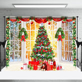 Aperturee - White Window Green Xmas Tree Christmas Backdrop