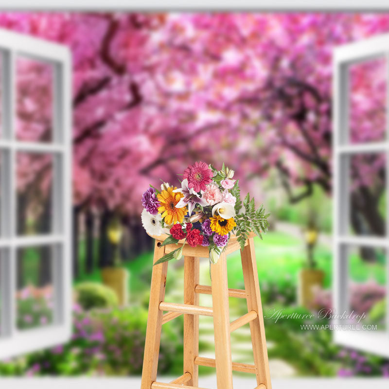 Aperturee - White Window Pink Trees Path Spring Picture Backdrop