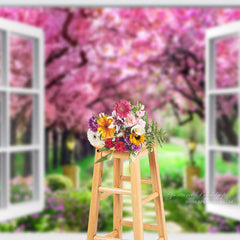 Aperturee - White Window Pink Trees Path Spring Picture Backdrop