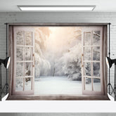 Aperturee - White Window Snowy Forest Winter Backdrop For Photo