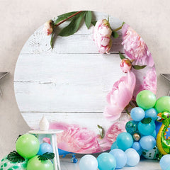 Aperturee - White Wood And Pink Floral Round Birthday Backdrop